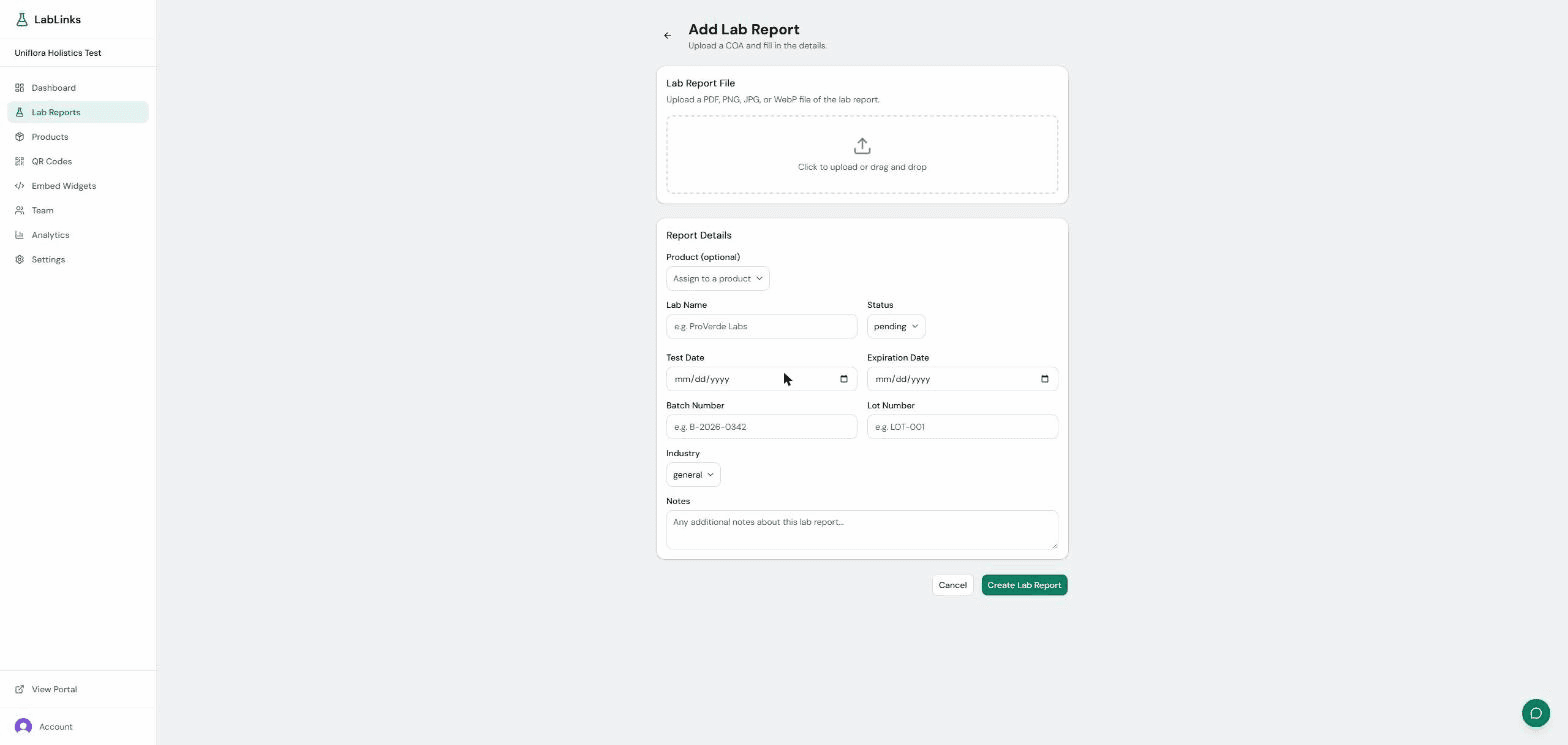 Add Lab Report form with file upload, product assignment, and report detail fields