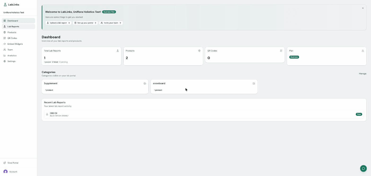LabLinks dashboard home showing lab report totals, products, QR codes, plan, and recent lab reports