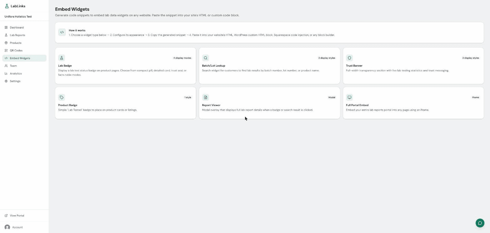 Embed widgets page showing six widget cards with configuration options