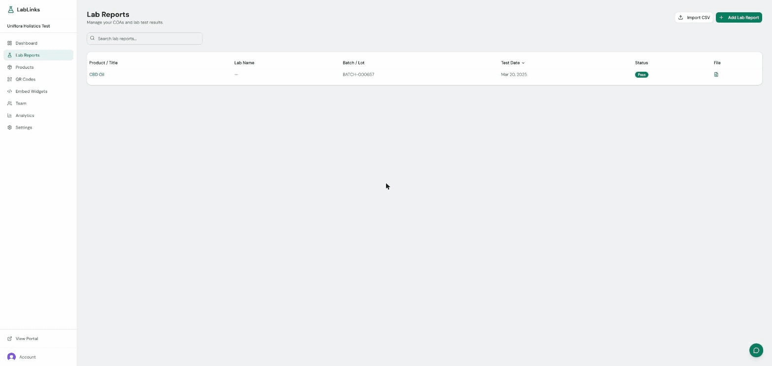 LabLinks lab reports list with search and sortable columns