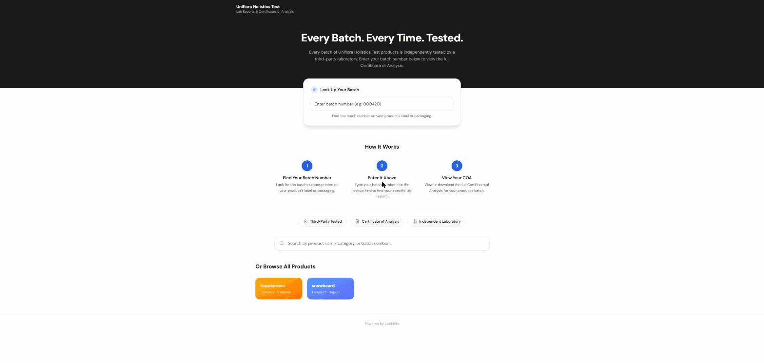 Branded LabLinks public portal with batch lookup, product search, and category browsing