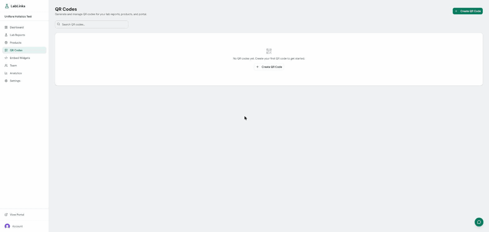 QR codes page in the LabLinks dashboard with the Create QR Code action