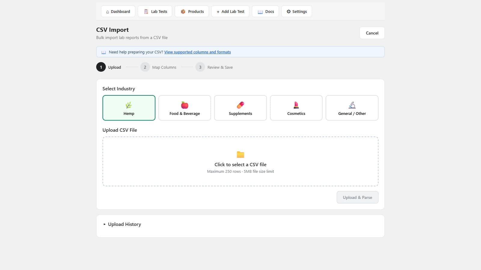 LabLinks CSV import workflow showing industry selection and the column mapping step