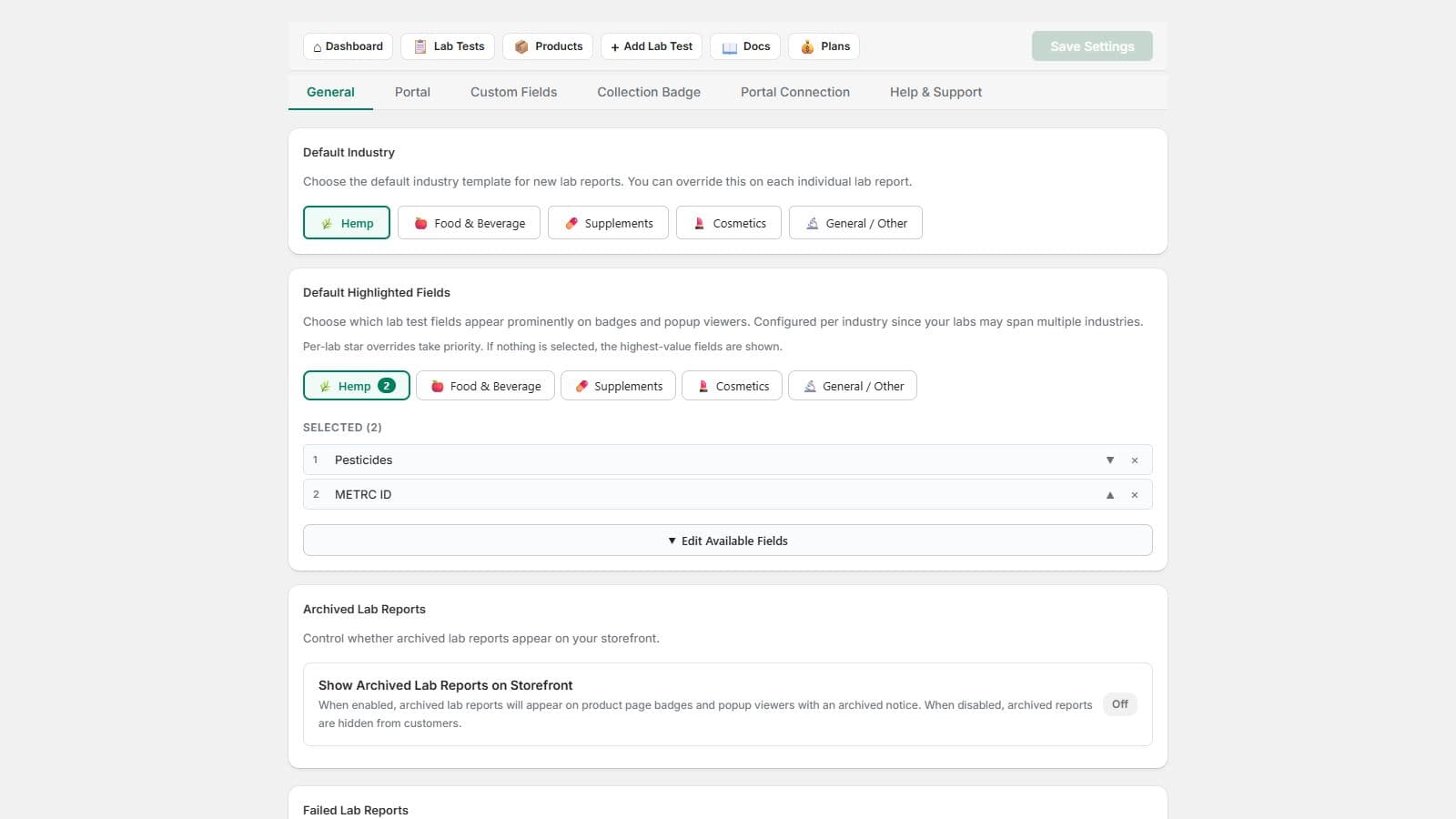 LabLinks display settings page with toggles for storefront surfaces, fields, and templates