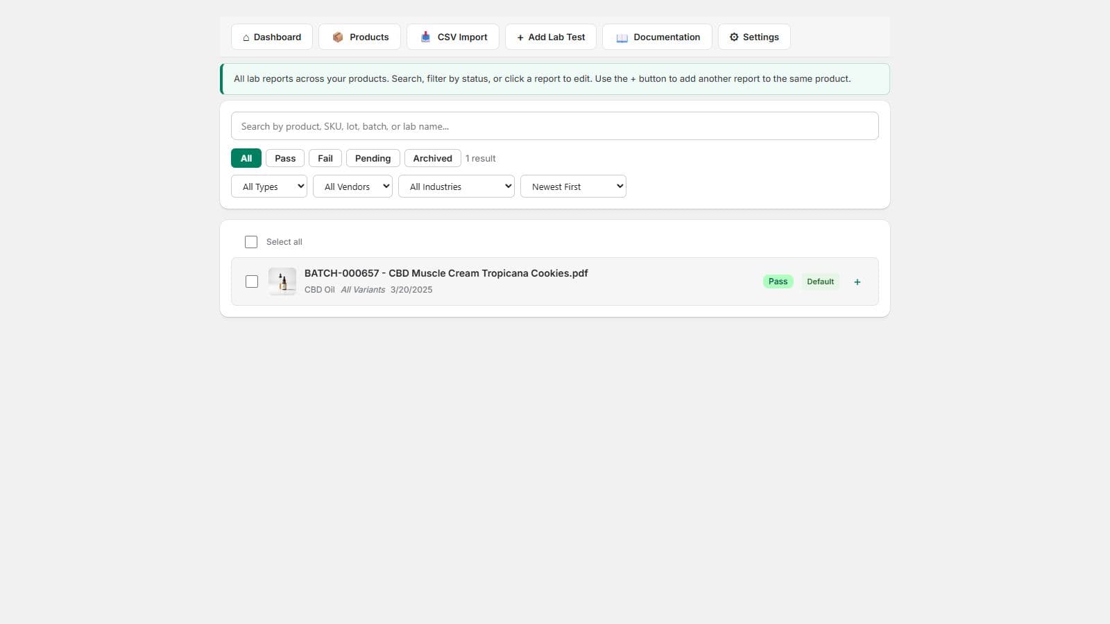 LabLinks lab test management screen in Shopify admin with search, status filters, and a sortable report list