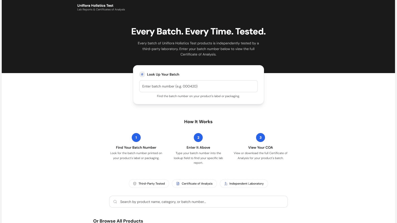 Public lab results portal with a batch lookup search field front and center