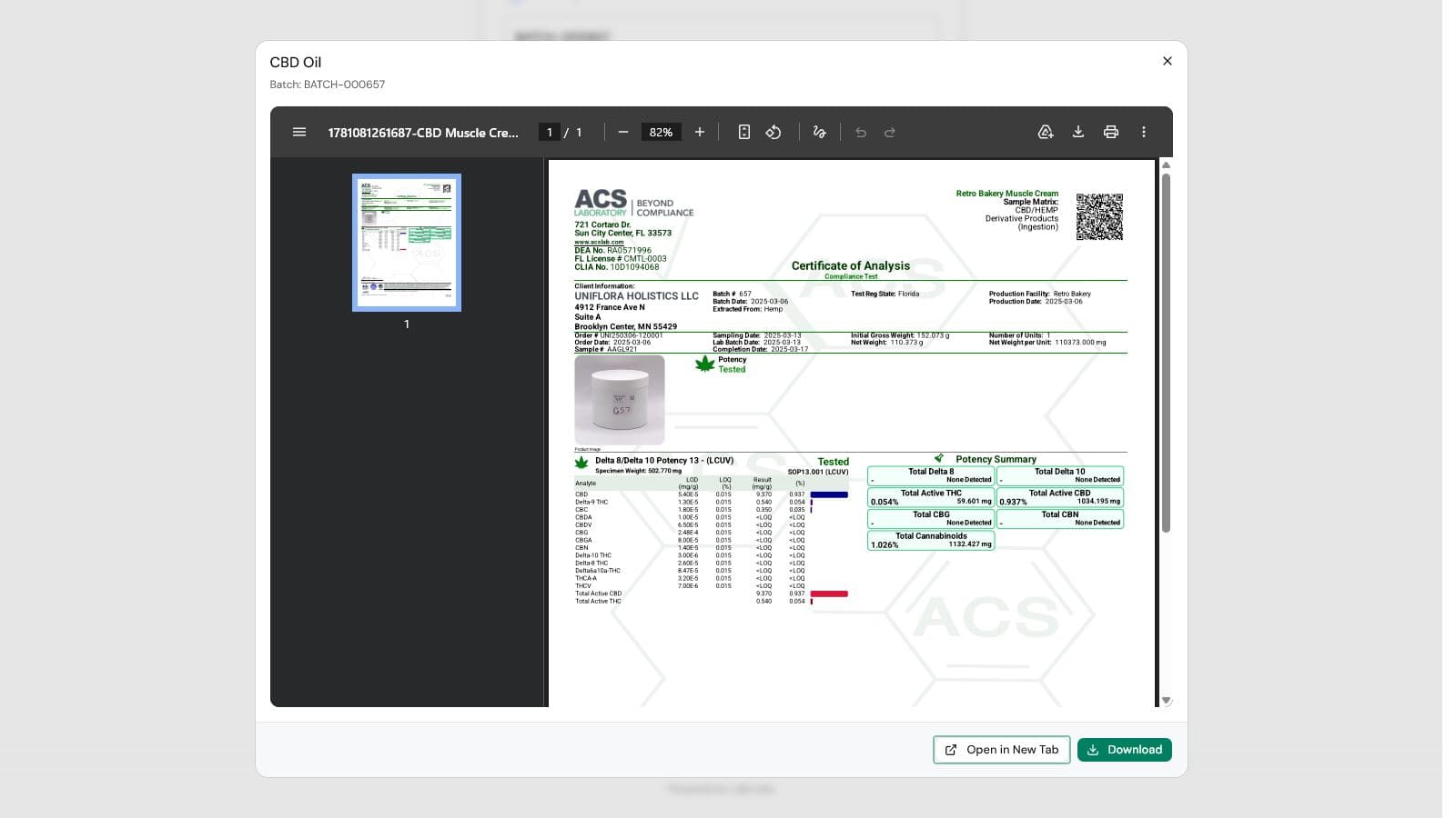 A certificate of analysis open in the portal's report viewer modal