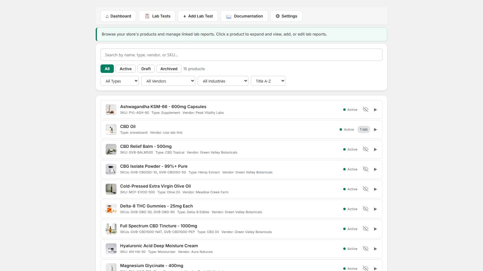 Products view in the LabLinks Shopify app showing each product with its count of linked lab reports