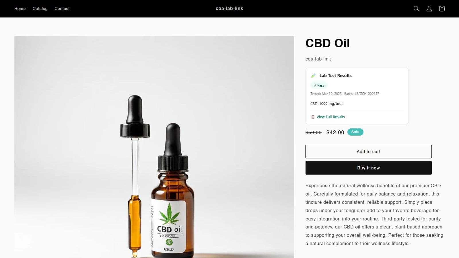 Shopify product page showing a Lab Test Results badge from LabLinks