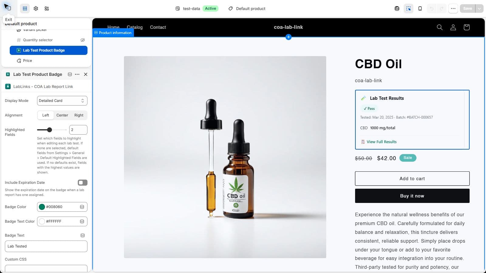 Shopify theme editor with the LabLinks Lab Test Product Badge block selected